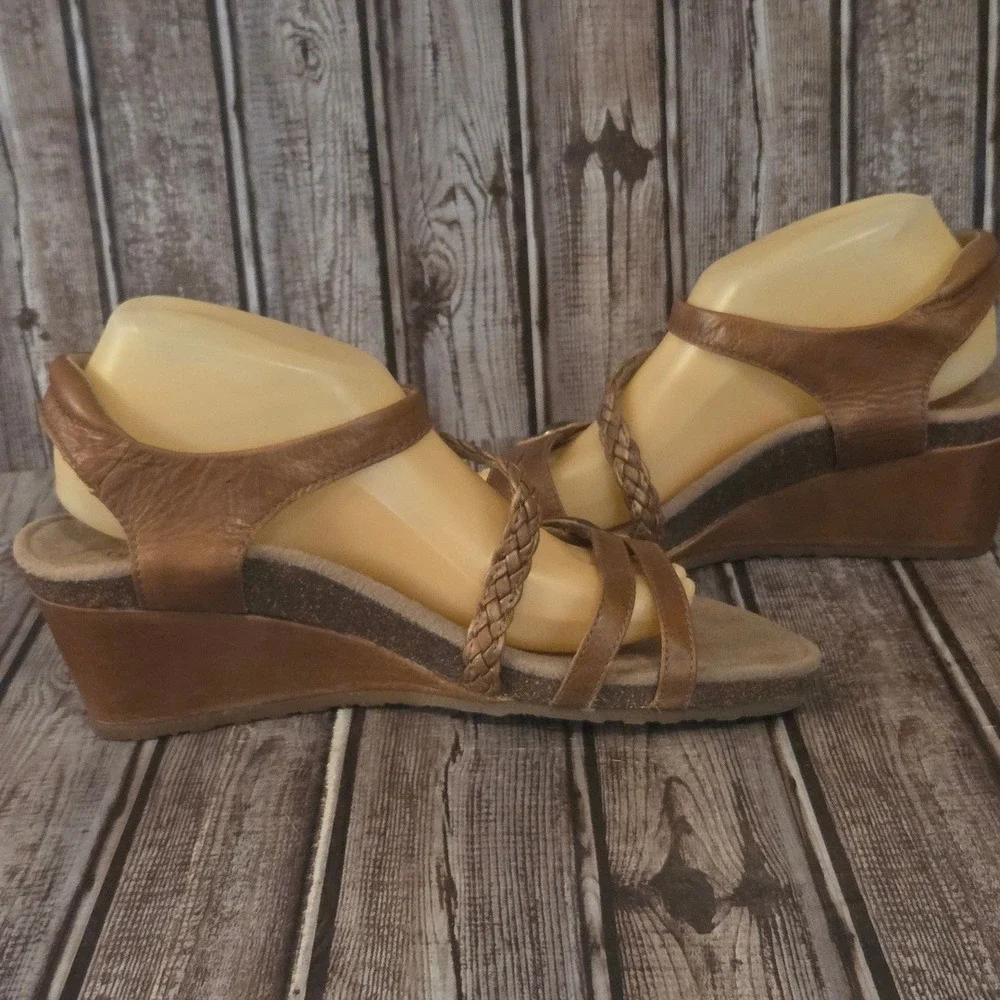 Sz 10.5-11 Aetrex Naya Brown Leather Braided Comfort Wedge Sandals VGUC!